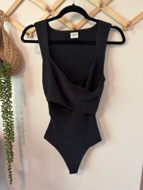 Abercrombie & Fitch Wrap Bodysuit Ribbed Knit S Black Crossover Sleeveless